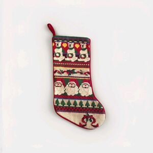 Santa Claus Polar Bear Needlepoint Christmas Stocking Red Velvet Wool Cotton